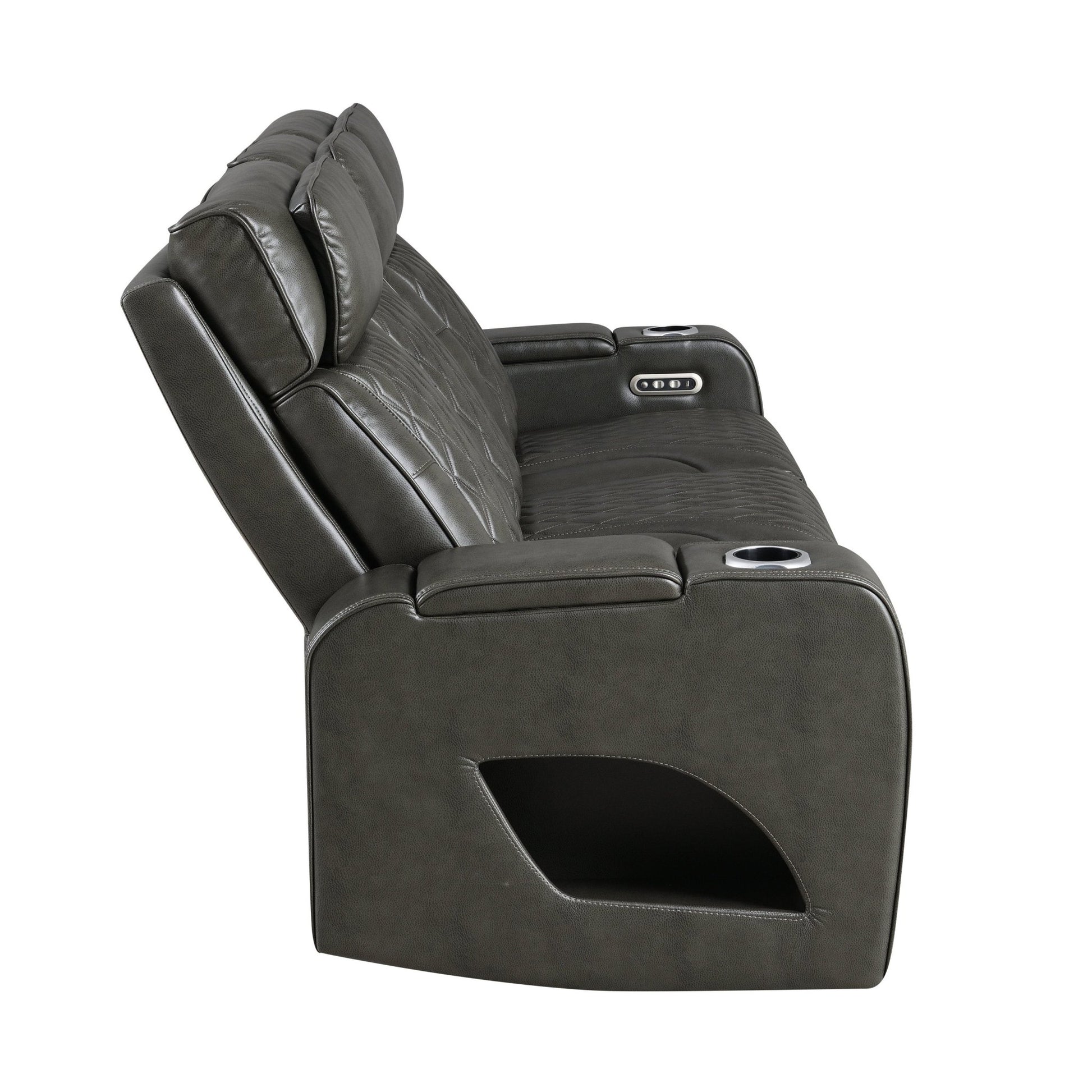Taddeo Dark Gray Synthetic Leather Power Motion Sofa w/Power Headrest, USB, Wireless Charger, LED & Reading Light - 1st Choice Furniture Direct