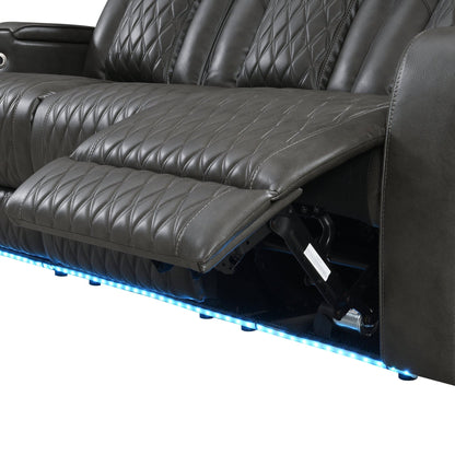 Taddeo Dark Gray Synthetic Leather Power Motion Sofa w/Power Headrest, USB, Wireless Charger, LED & Reading Light - 1st Choice Furniture Direct