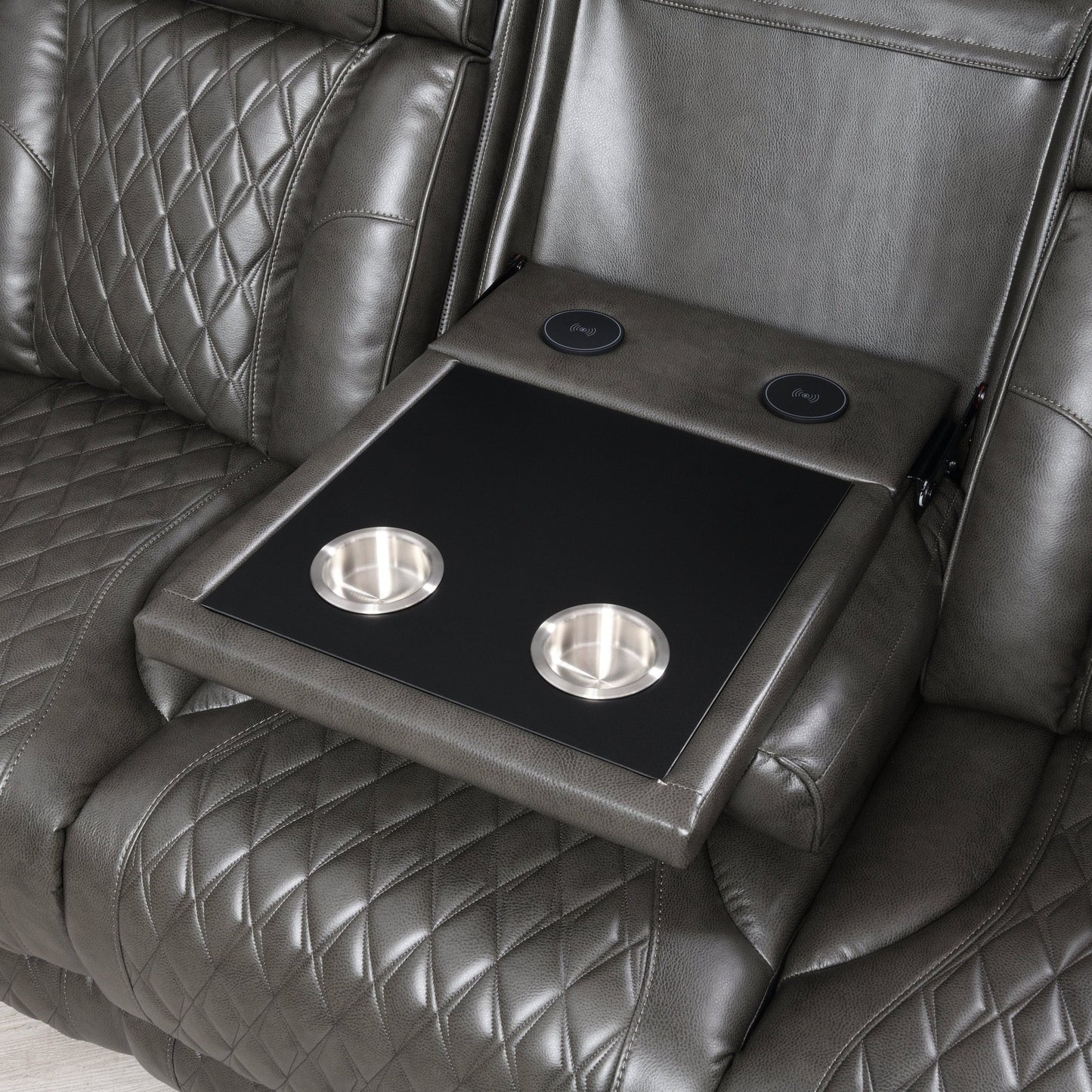 Taddeo Dark Gray Synthetic Leather Power Motion Sofa w/Power Headrest, USB, Wireless Charger, LED & Reading Light - 1st Choice Furniture Direct