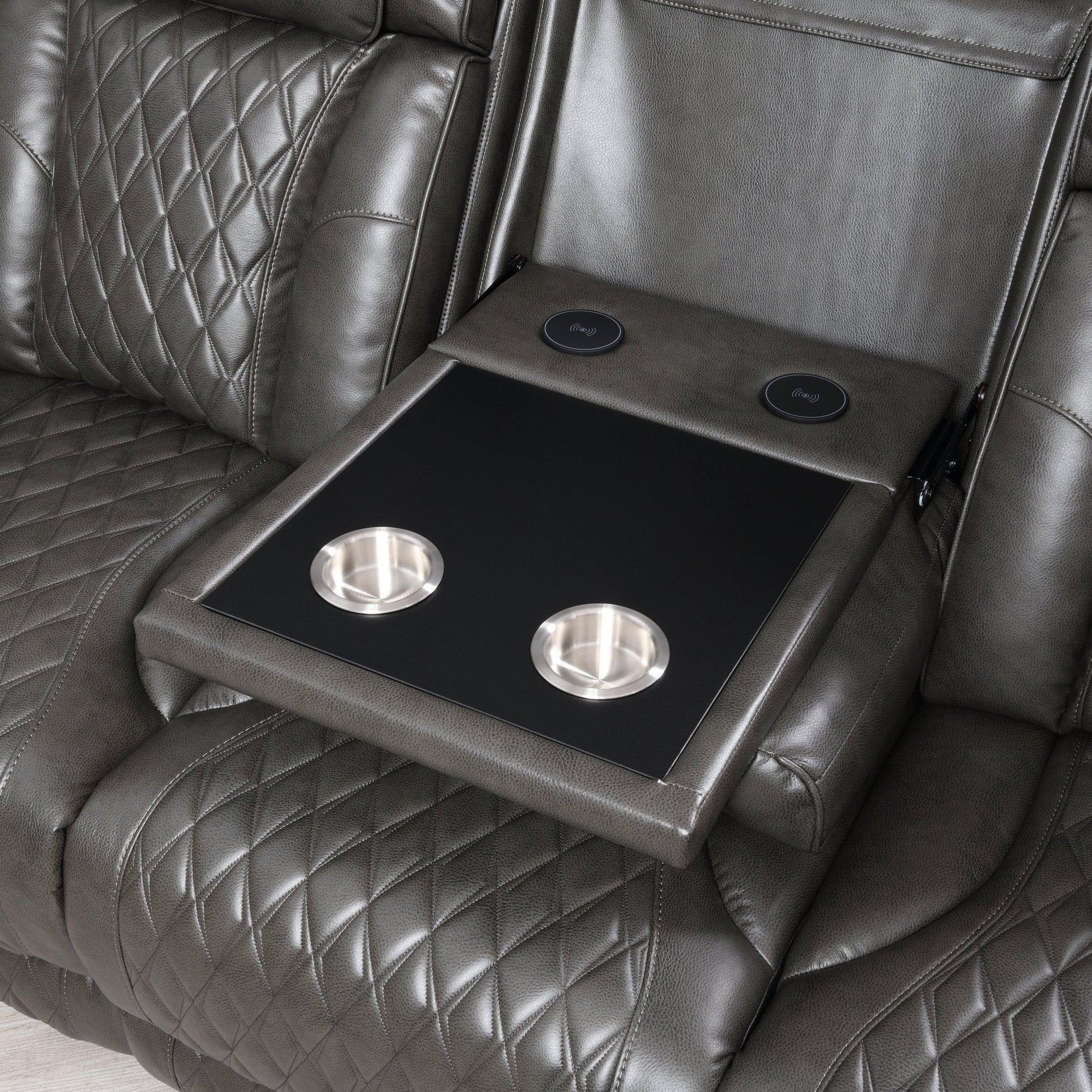 Taddeo Dark Gray Synthetic Leather Power Motion Sofa w/Power Headrest, USB, Wireless Charger, LED & Reading Light - 1st Choice Furniture Direct
