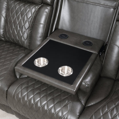 Taddeo Dark Gray Synthetic Leather Power Motion Sofa w/Power Headrest, USB, Wireless Charger, LED & Reading Light - 1st Choice Furniture Direct