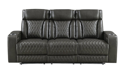 Taddeo Dark Gray Synthetic Leather Power Motion Sofa w/Power Headrest, USB, Wireless Charger, LED & Reading Light - 1st Choice Furniture Direct