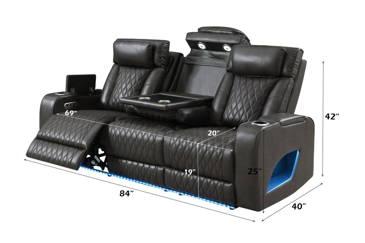 Taddeo Dark Gray Synthetic Leather Power Motion Sofa w/Power Headrest, USB, Wireless Charger, LED & Reading Light - 1st Choice Furniture Direct