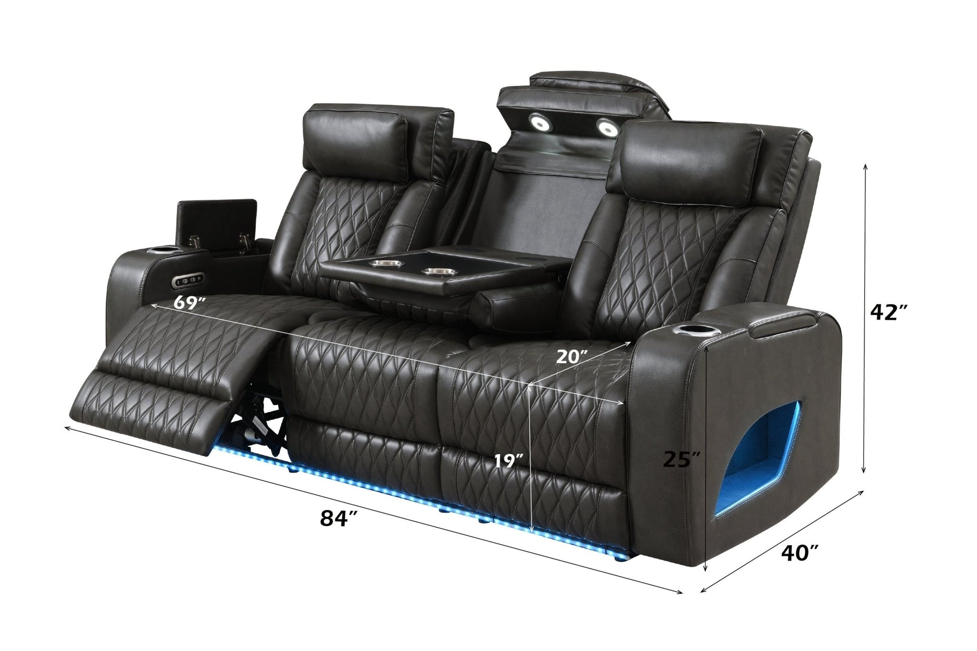 Taddeo Dark Gray Synthetic Leather Power Motion Sofa w/Power Headrest, USB, Wireless Charger, LED & Reading Light - 1st Choice Furniture Direct
