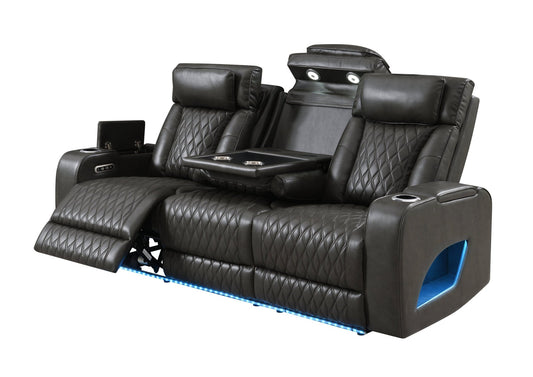Taddeo Dark Gray Synthetic Leather Power Motion Sofa w/Power Headrest, USB, Wireless Charger, LED & Reading Light - 1st Choice Furniture Direct
