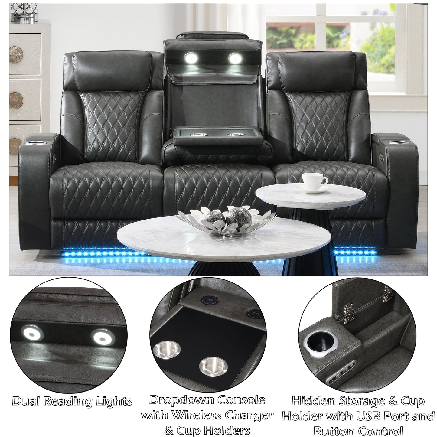 Taddeo Dark Gray Synthetic Leather Power Motion Sofa w/Power Headrest, USB, Wireless Charger, LED & Reading Light - 1st Choice Furniture Direct
