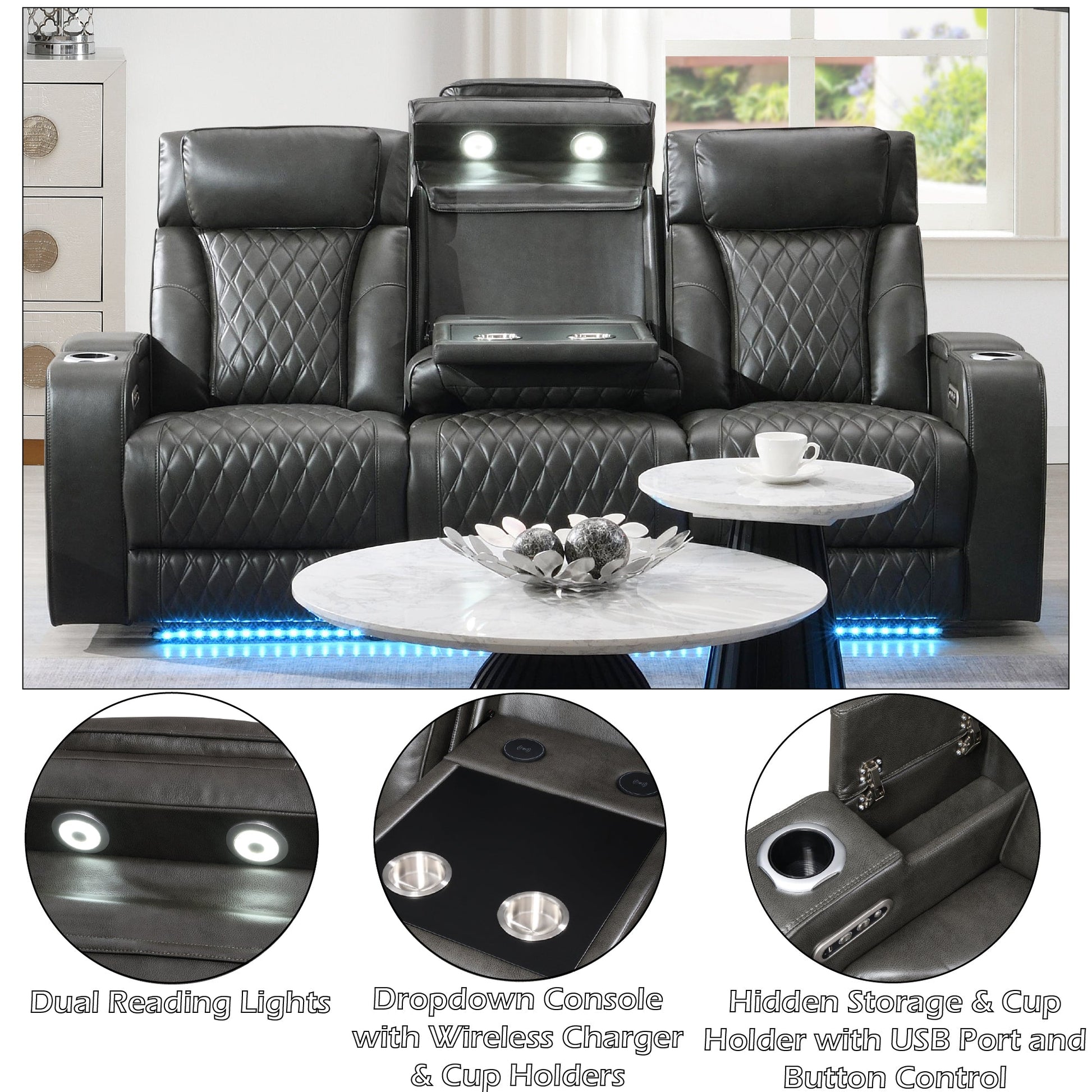 Taddeo Dark Gray Synthetic Leather Power Motion Sofa w/Power Headrest, USB, Wireless Charger, LED & Reading Light - 1st Choice Furniture Direct