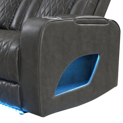 Taddeo Dark Gray Synthetic Leather Power Motion Sofa w/Power Headrest, USB, Wireless Charger, LED & Reading Light - 1st Choice Furniture Direct