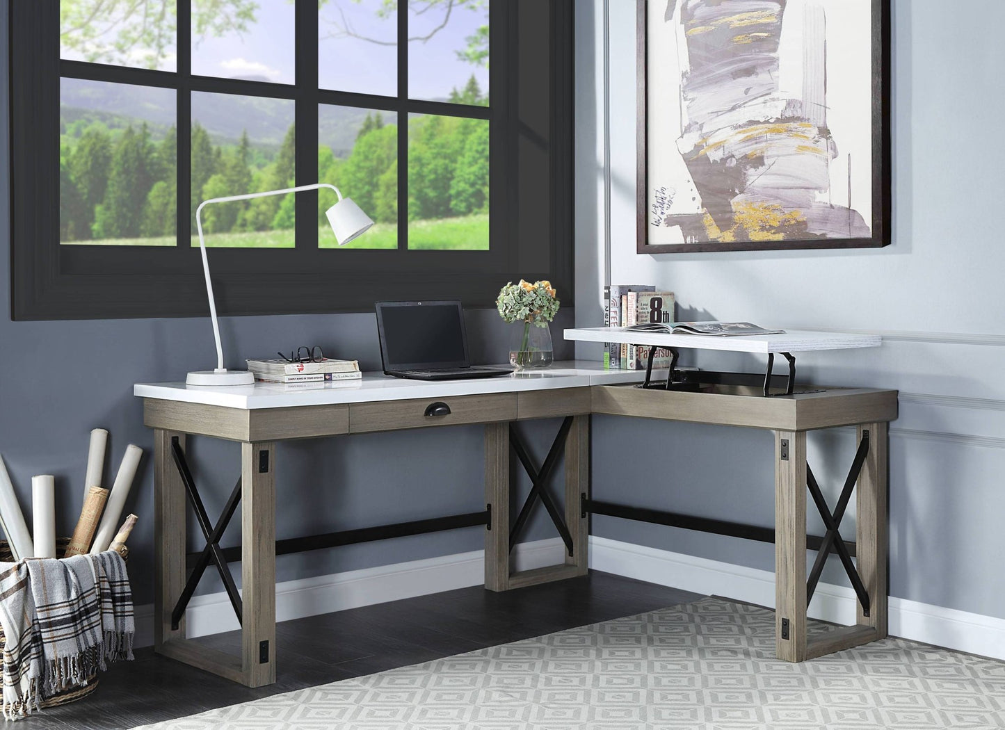Talmar Marble Top & Rustic Oak Finish Writing Desk W/Lift Top - 1st Choice Furniture Direct
