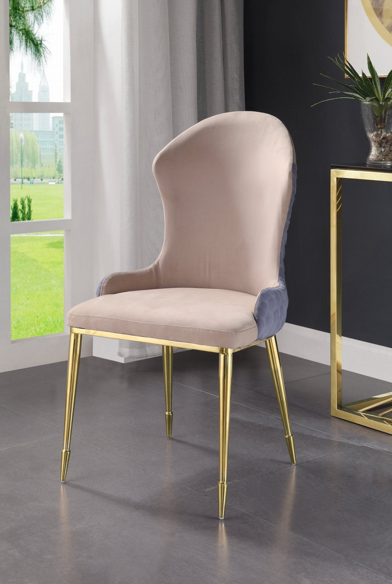 Tan Upholstered Dining Chair with Gold Stainless Steel Legs - 1st Choice Furniture Direct