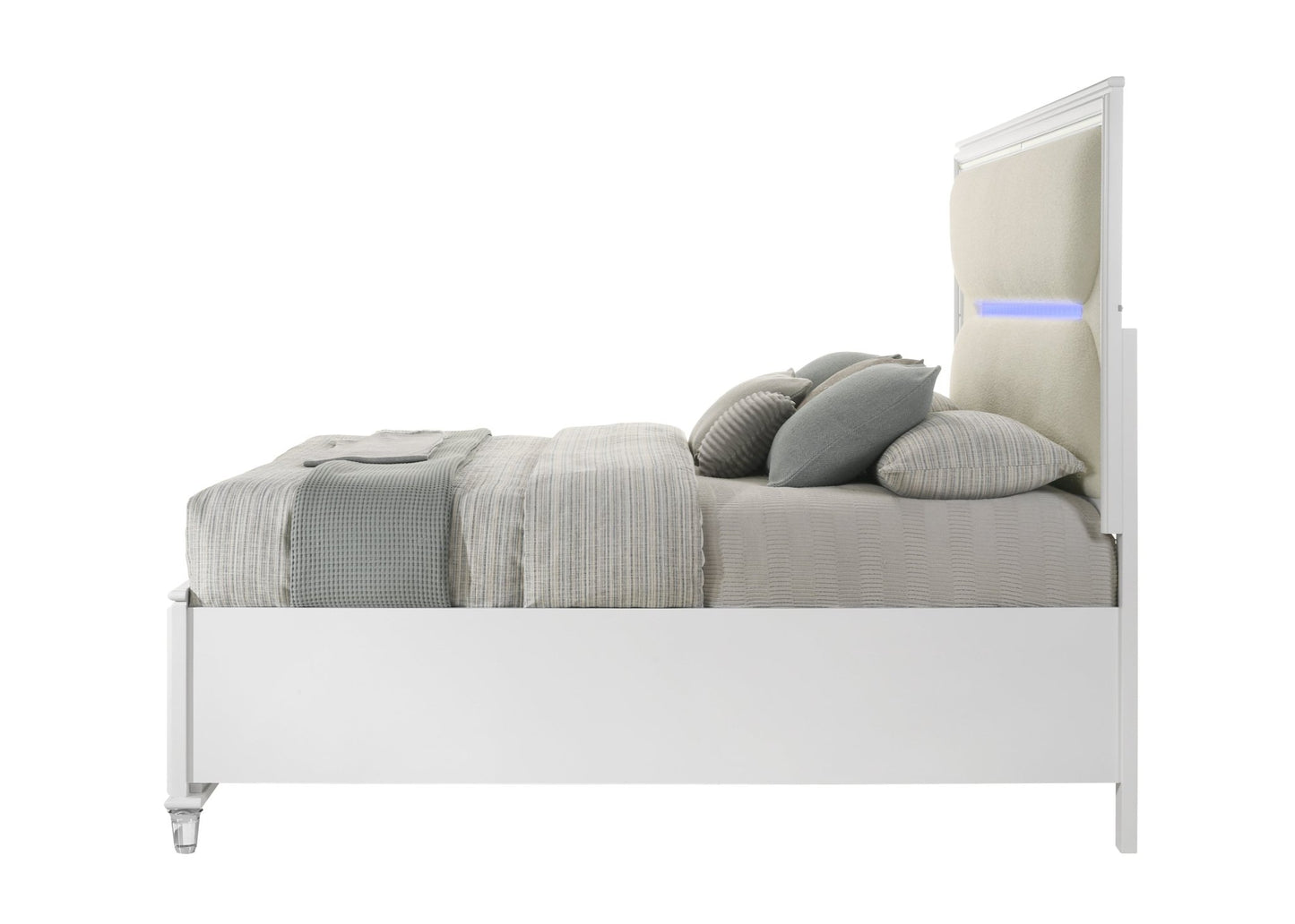 Tarian White Boucle & Pearl White Finish Queen Bed W/Led & Storage - 1st Choice Furniture Direct