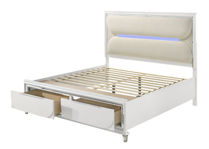Tarian White Boucle & Pearl White Finish Queen Bed W/Led & Storage - 1st Choice Furniture Direct
