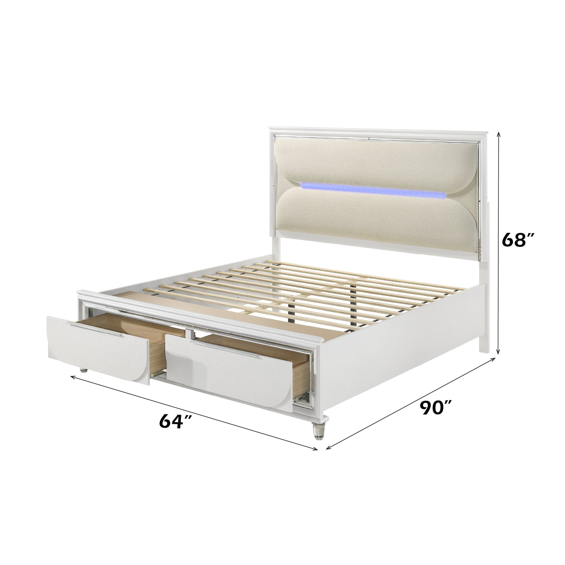 Tarian White Boucle & Pearl White Finish Queen Bed W/Led & Storage - 1st Choice Furniture Direct