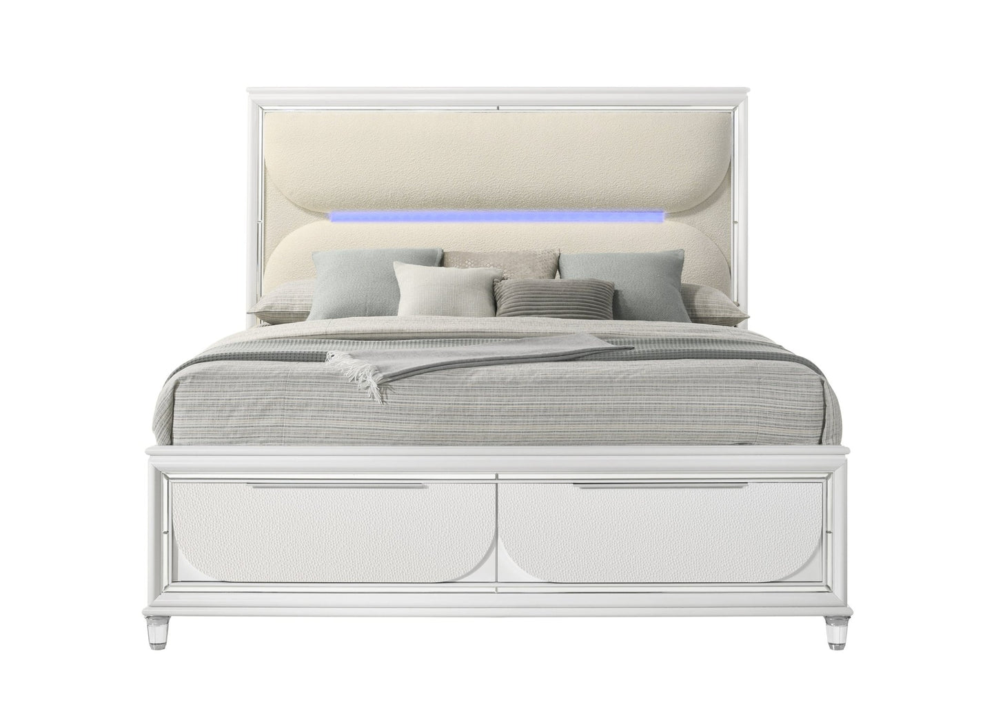 Tarian White Boucle & Pearl White Finish Queen Bed W/Led & Storage - 1st Choice Furniture Direct