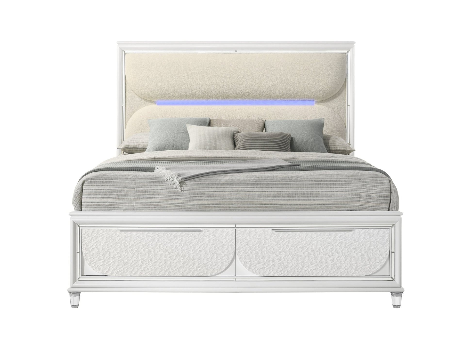 Tarian White Boucle & Pearl White Finish Queen Bed W/Led & Storage - 1st Choice Furniture Direct