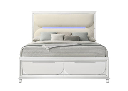 Tarian White Boucle & Pearl White Finish Queen Bed W/Led & Storage - 1st Choice Furniture Direct