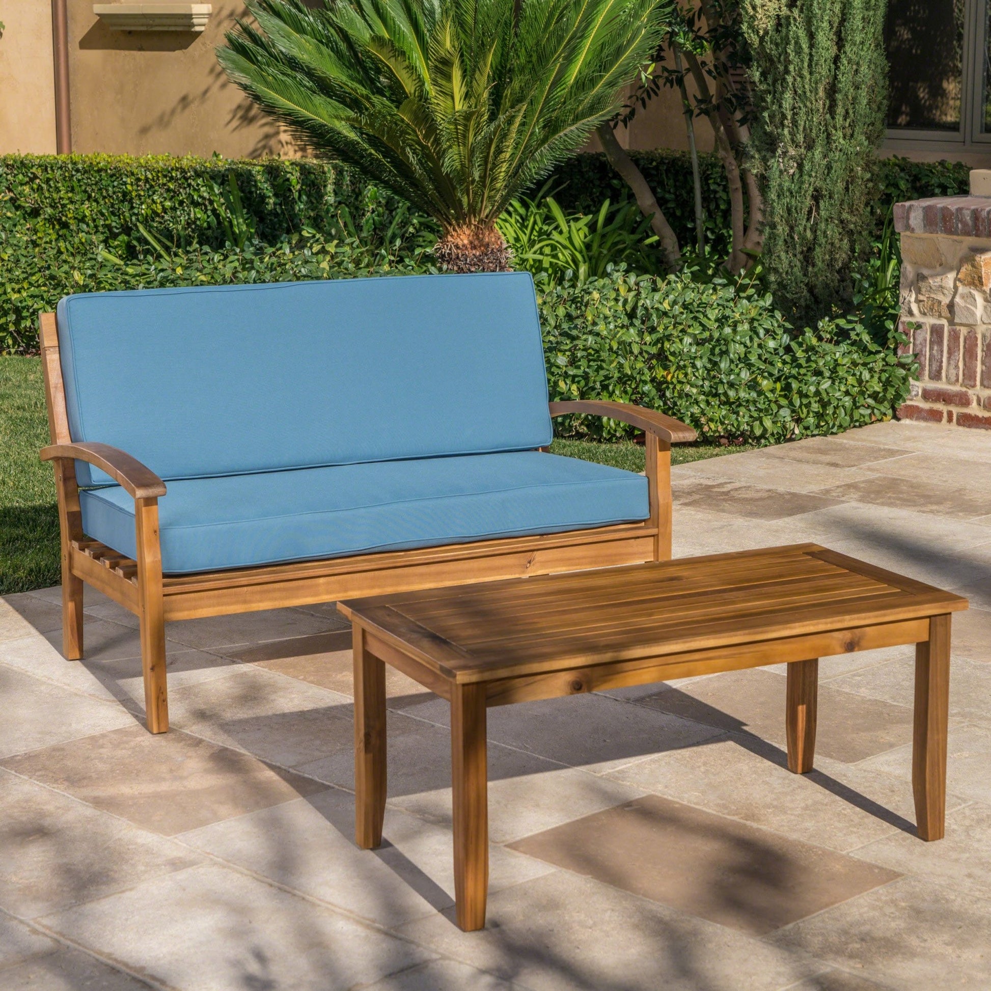Teak Acacia Wood Outdoor Loveseat & Table Set with Cushions - 1st Choice Furniture Direct