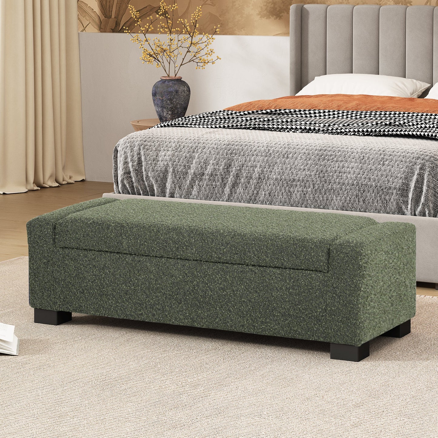 Textured Fabric 50' Ottoman Bench with Hinged Lid, Blackish Green, 50.25x20x16.75 inches - 1st Choice Furniture Direct