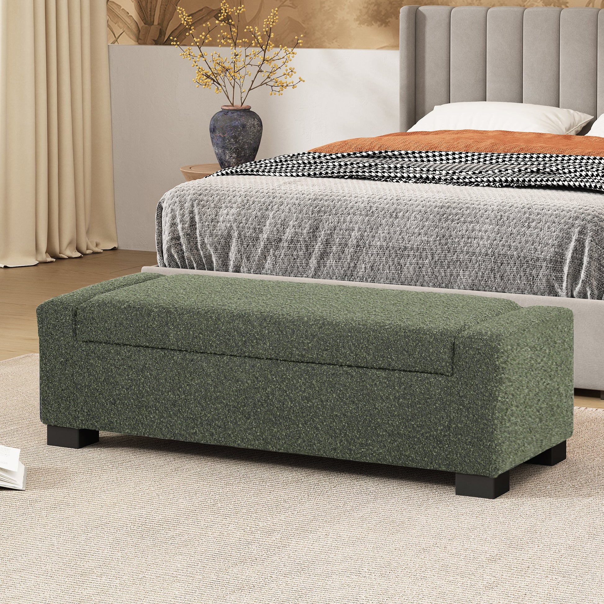 Textured Fabric 50' Ottoman Bench with Hinged Lid, Blackish Green, 50.25x20x16.75 inches - 1st Choice Furniture Direct
