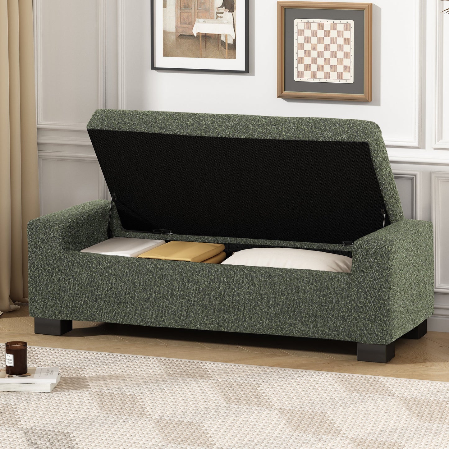 Textured Fabric 50' Ottoman Bench with Hinged Lid, Blackish Green, 50.25x20x16.75 inches - 1st Choice Furniture Direct