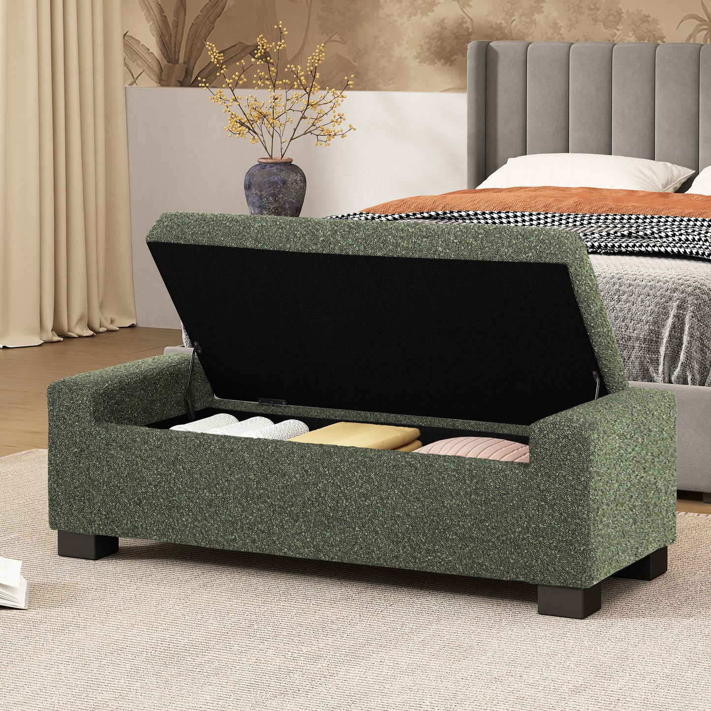 Textured Fabric 50' Ottoman Bench with Hinged Lid, Blackish Green, 50.25x20x16.75 inches - 1st Choice Furniture Direct