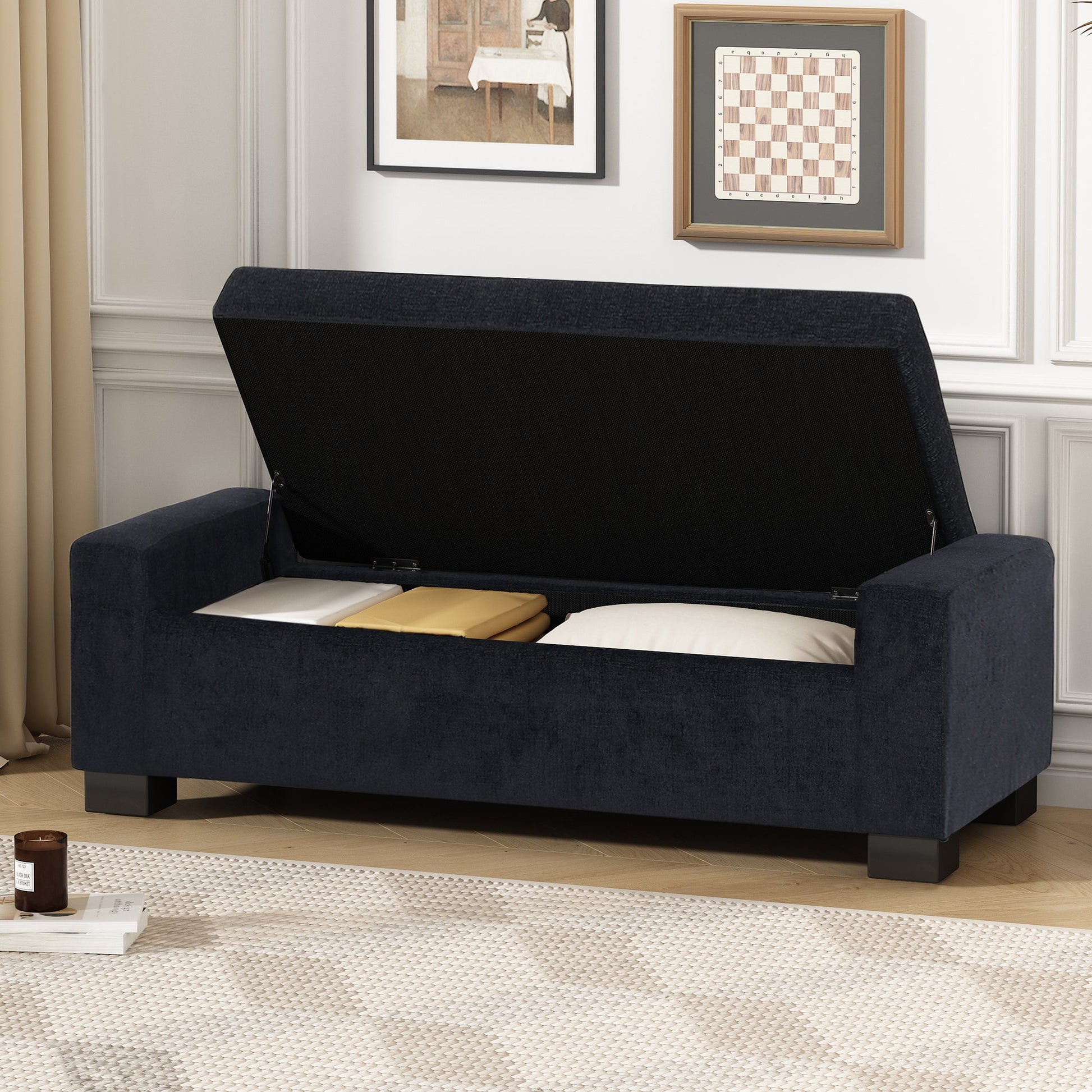 Textured Fabric Ottoman Bench with Hinged Lid, Dark Blue, 50 - Inch, Rectangular Design for Seating & Storage - 1st Choice Furniture Direct