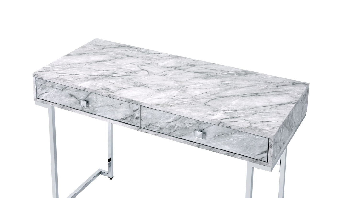 Tigress White Printed Faux Marble Top & Chrome Finish Writing Desk - 1st Choice Furniture Direct