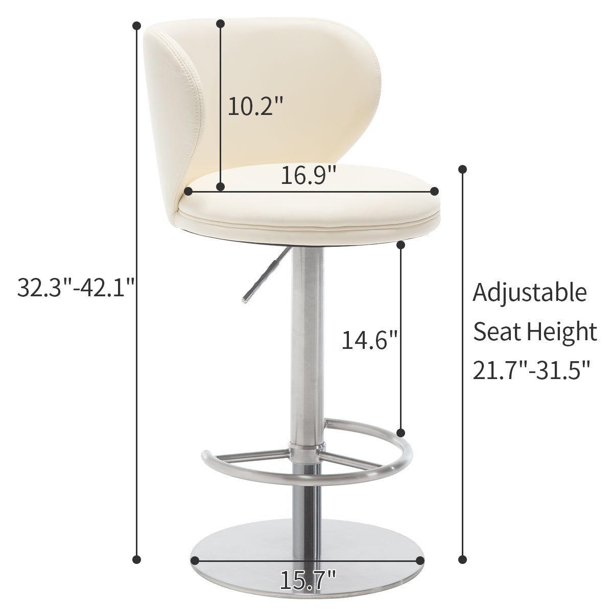 Titanium Stainless Steel Bar Stools,Grade Modern Leather Bar Chair with Backrest,Swivel Adjustable Height for Kitchen Counter and Dining Room (White 1pc) - 1st Choice Furniture Direct