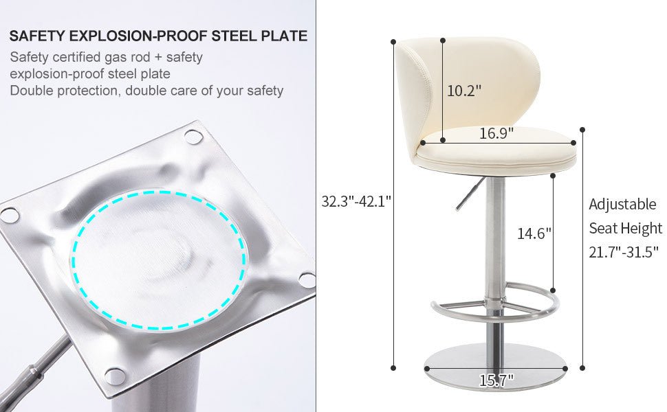 Titanium Stainless Steel Bar Stools,Grade Modern Leather Bar Chair with Backrest,Swivel Adjustable Height for Kitchen Counter and Dining Room (White 1pc) - 1st Choice Furniture Direct