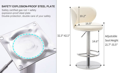 Titanium Stainless Steel Bar Stools,Grade Modern Leather Bar Chair with Backrest,Swivel Adjustable Height for Kitchen Counter and Dining Room (White 1pc) - 1st Choice Furniture Direct