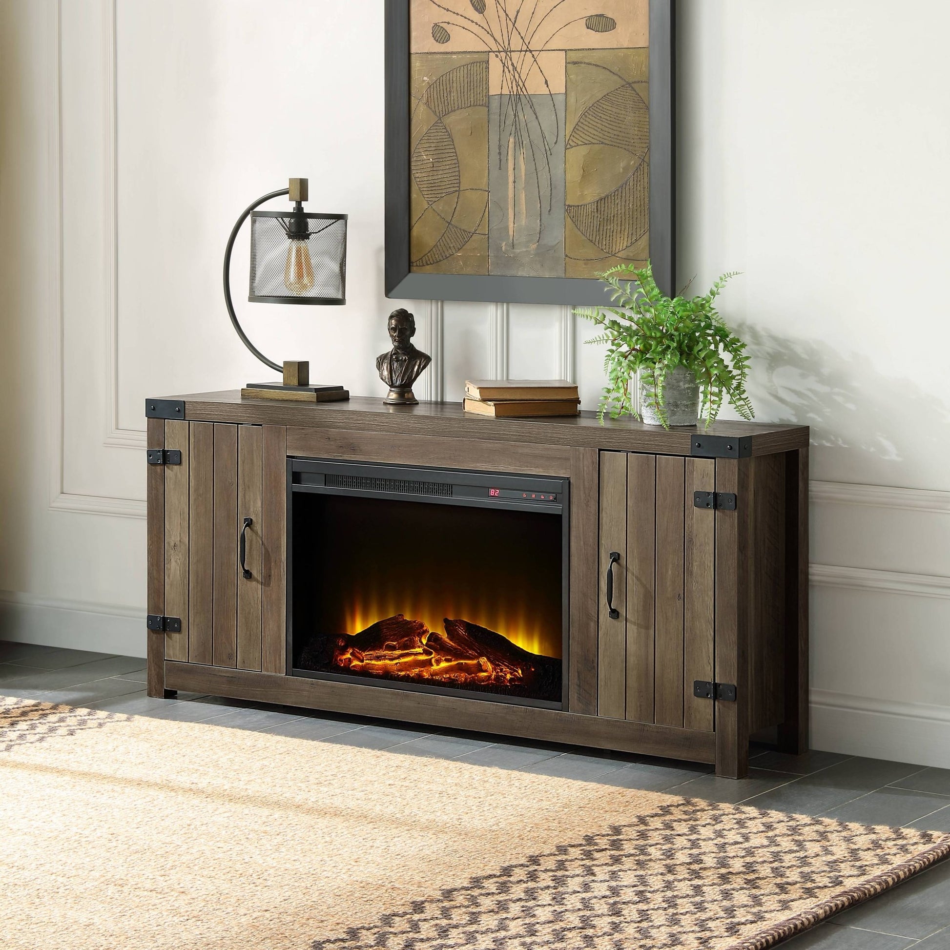 Tobias Rustic Oak Finish Fireplace with 2 Storage Drawers - 1st Choice Furniture Direct