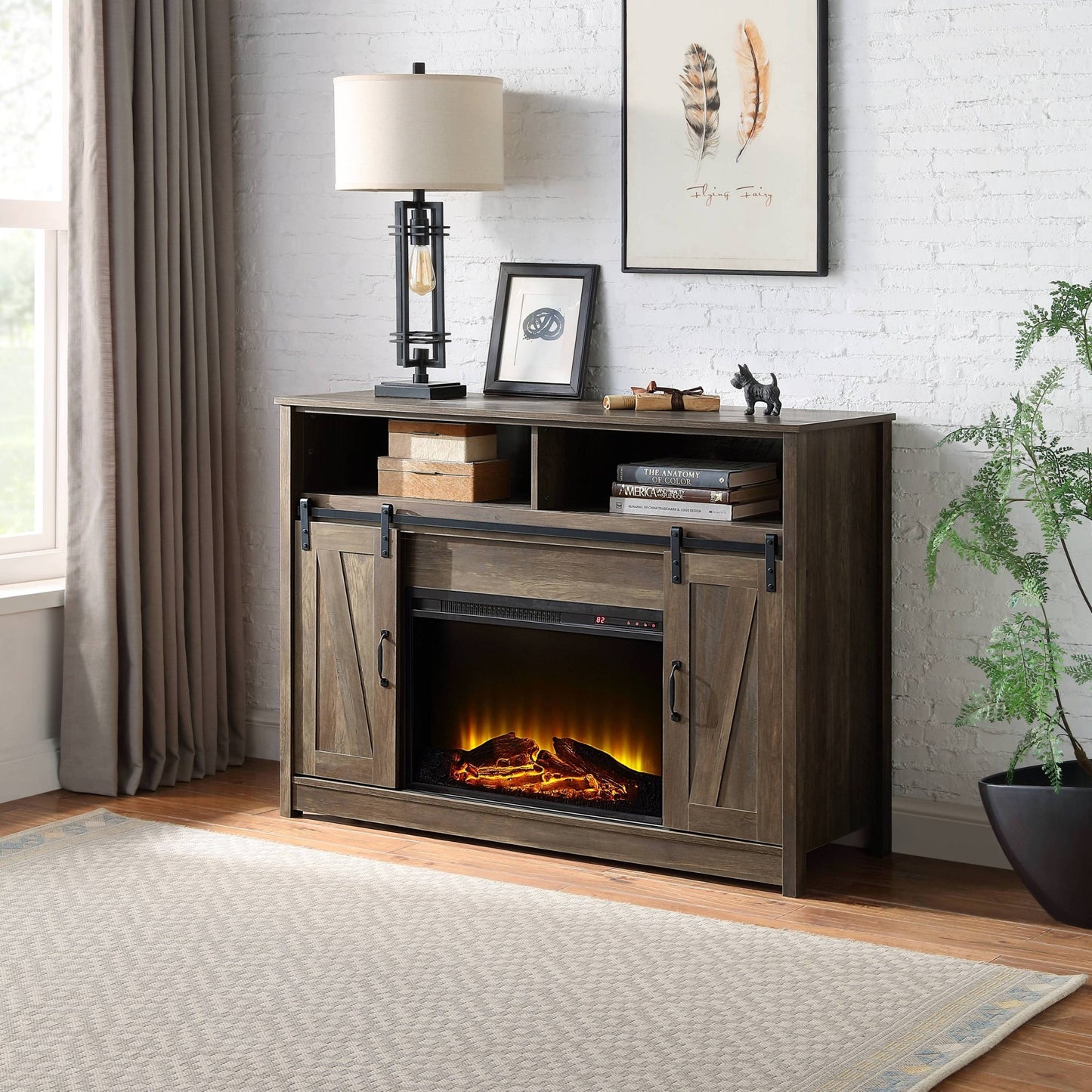 Tobias Rustic Oak Finish Fireplace with Shelf Storage - 1st Choice Furniture Direct