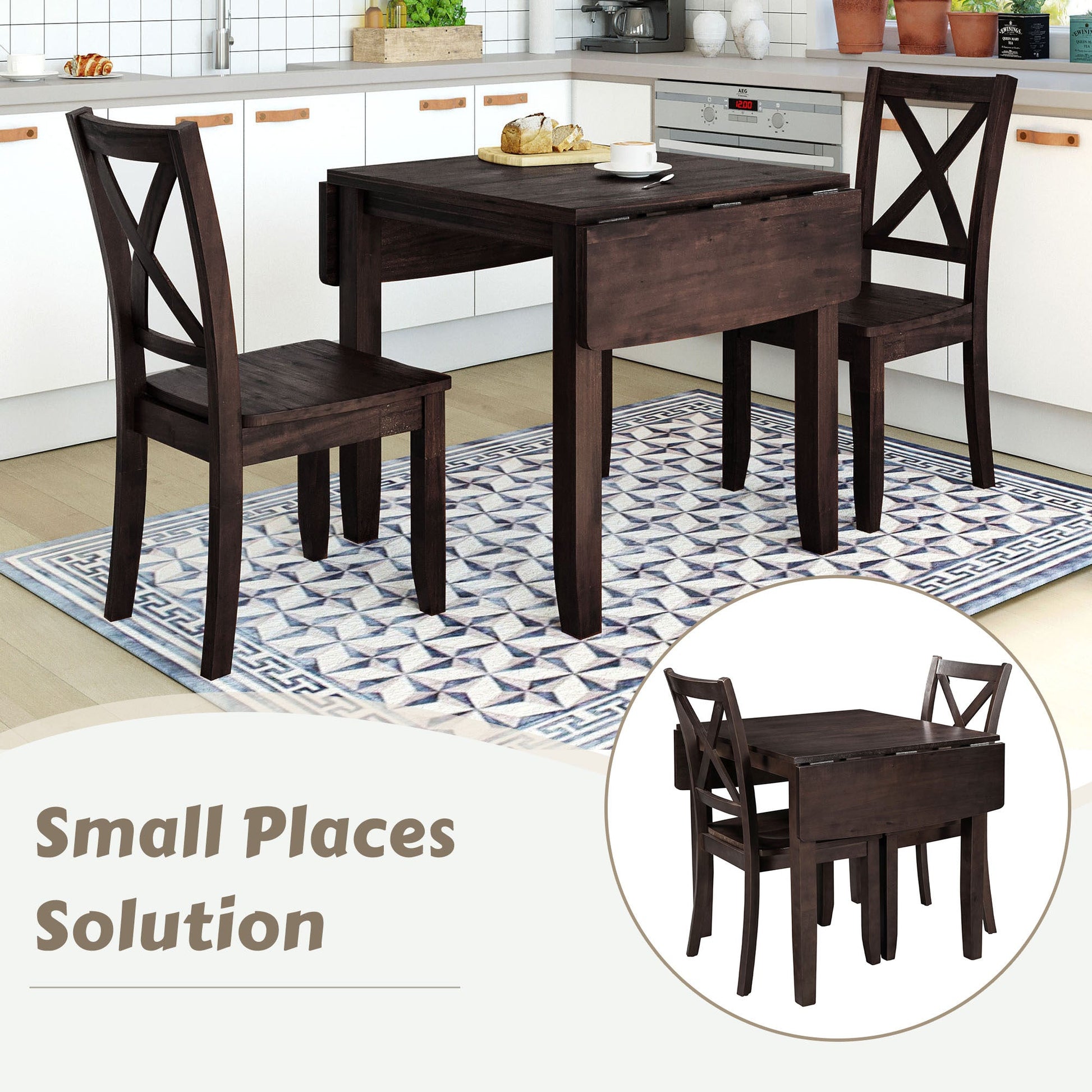TOPMAX 3 - Piece Wood Drop Leaf Breakfast Nook Dining Table Set with 2 X - back Chairs for Small Places, Espresso - 1st Choice Furniture Direct