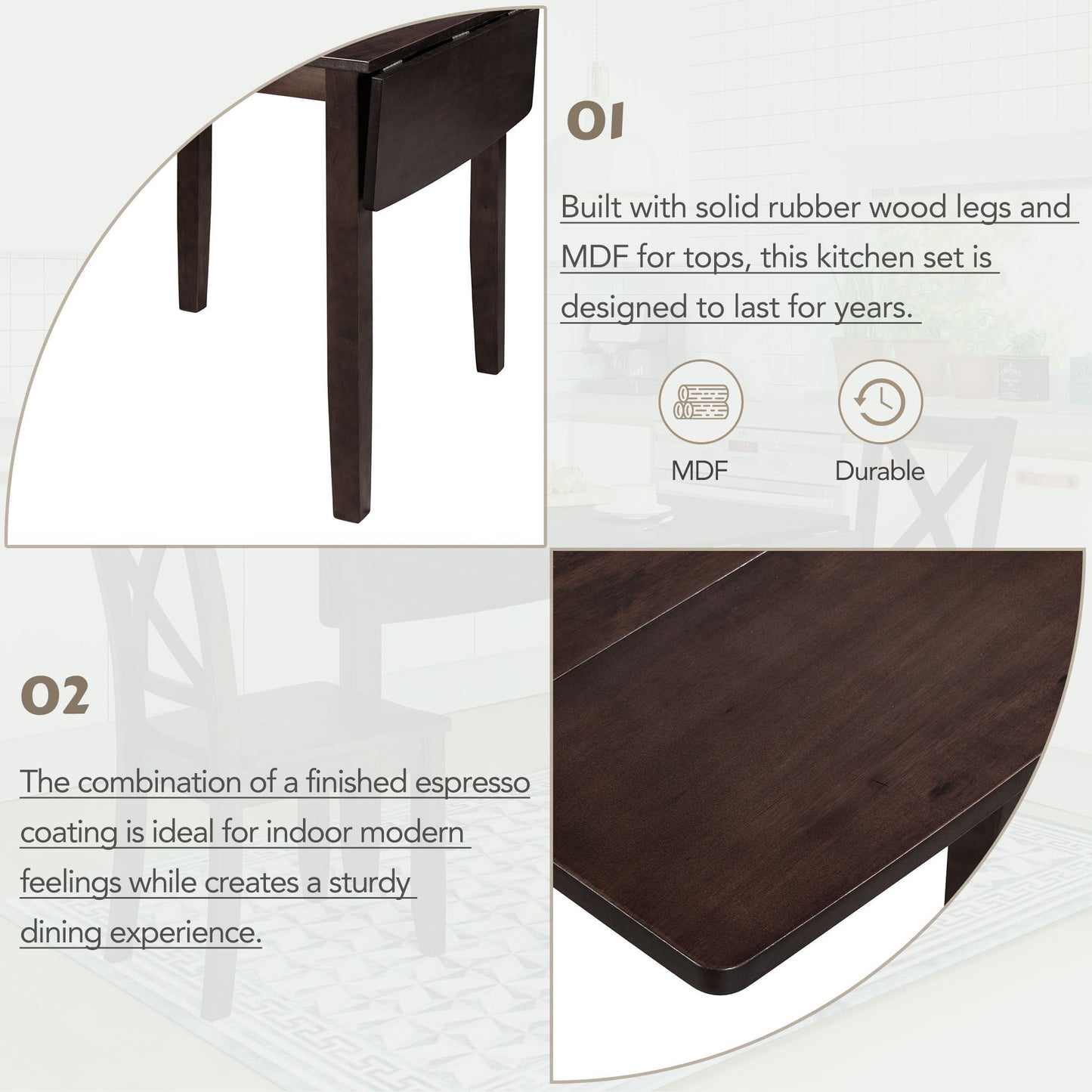 TOPMAX 3 - Piece Wood Drop Leaf Breakfast Nook Dining Table Set with 2 X - back Chairs for Small Places, Espresso - 1st Choice Furniture Direct