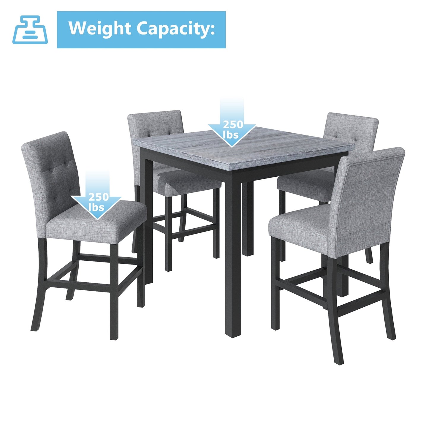 TOPMAX 5 - Piece Counter Height Dining Set Wood Square Dining Room Table and Chairs Stools w/Footrest & 4 Upholstered high - back Chairs,Black - 1st Choice Furniture Direct