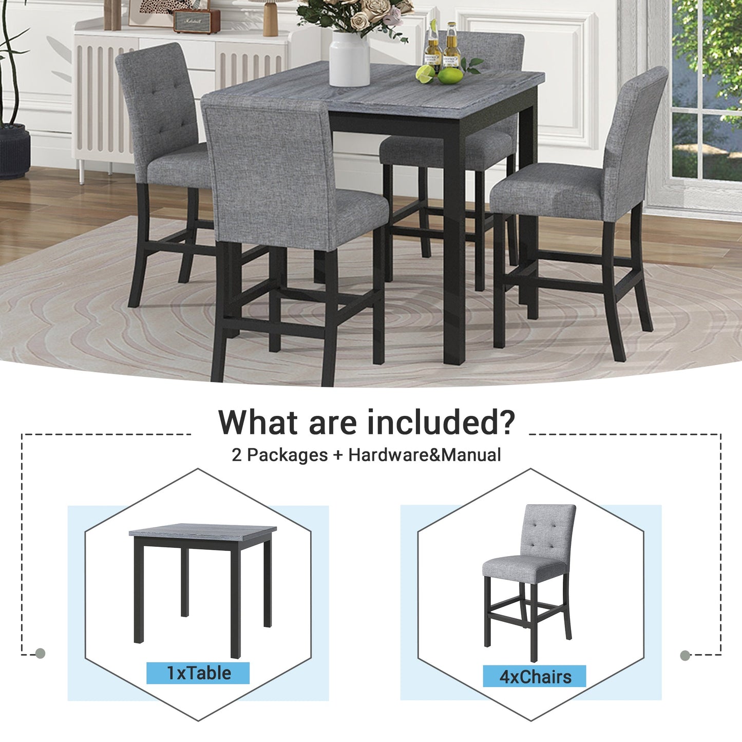 TOPMAX 5 - Piece Counter Height Dining Set Wood Square Dining Room Table and Chairs Stools w/Footrest & 4 Upholstered high - back Chairs,Black - 1st Choice Furniture Direct