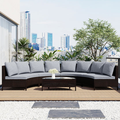 TOPMAX 5 Pieces All - Weather Brown PE Rattan Wicker Sofa Set Outdoor Patio Sectional Furniture Set Half - Moon Sofa Set with Tempered Glass Table, Gray - 1st Choice Furniture Direct