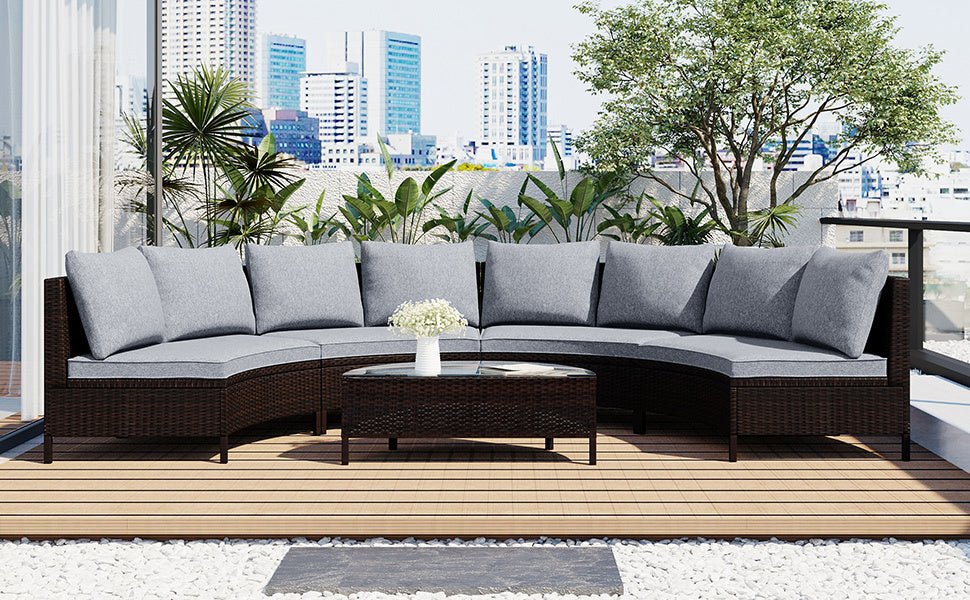 TOPMAX 5 Pieces All - Weather Brown PE Rattan Wicker Sofa Set Outdoor Patio Sectional Furniture Set Half - Moon Sofa Set with Tempered Glass Table, Gray - 1st Choice Furniture Direct