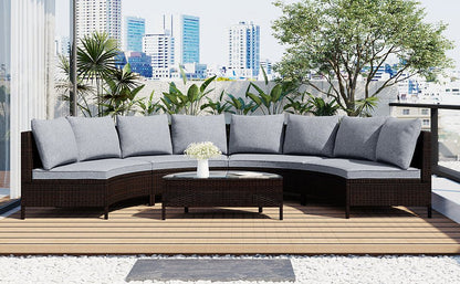 TOPMAX 5 Pieces All - Weather Brown PE Rattan Wicker Sofa Set Outdoor Patio Sectional Furniture Set Half - Moon Sofa Set with Tempered Glass Table, Gray - 1st Choice Furniture Direct