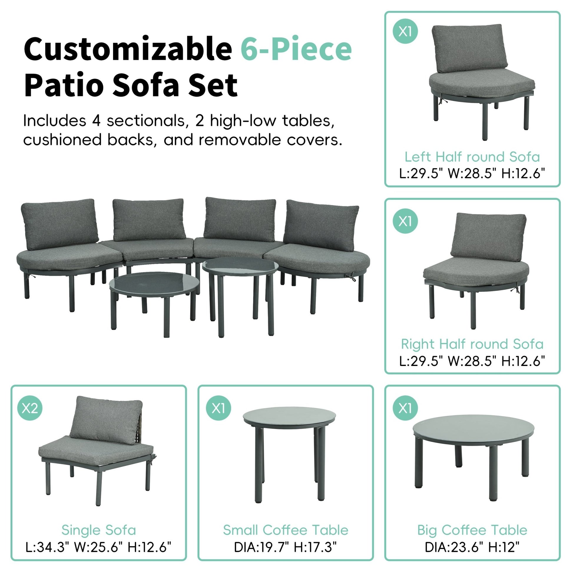 TOPMAX 6 - Piece Patio Sofa Furniture Set, Half Moon Outdoor Sectional Sofa with 2 High - Low Coffee Tables, PE Wicker Rattan, Tempered Glass, 4 Pillows & Cushions, for Backyard, Garden, Poolside,Gray - 1st Choice Furniture Direct