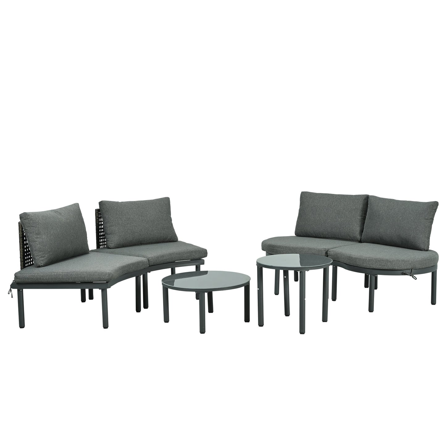 TOPMAX 6 - Piece Patio Sofa Furniture Set, Half Moon Outdoor Sectional Sofa with 2 High - Low Coffee Tables, PE Wicker Rattan, Tempered Glass, 4 Pillows & Cushions, for Backyard, Garden, Poolside,Gray - 1st Choice Furniture Direct