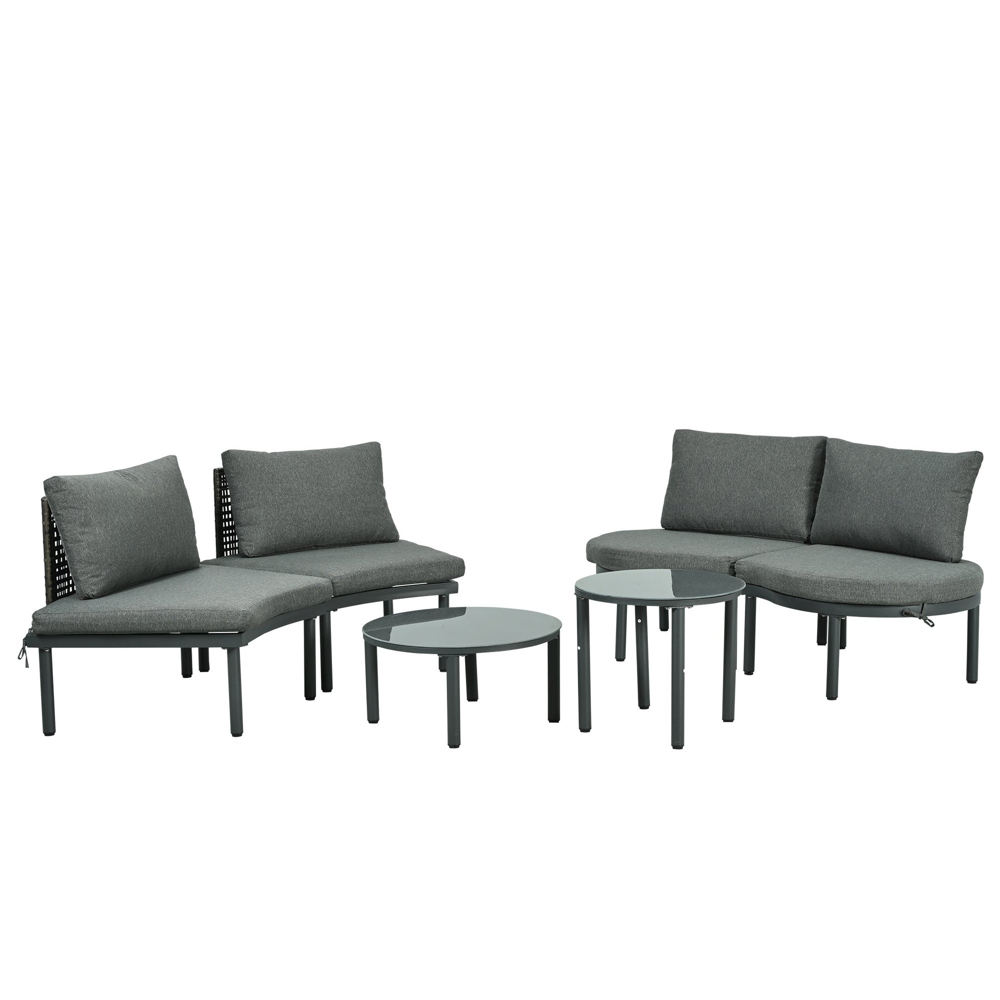 TOPMAX 6 - Piece Patio Sofa Furniture Set, Half Moon Outdoor Sectional Sofa with 2 High - Low Coffee Tables, PE Wicker Rattan, Tempered Glass, 4 Pillows & Cushions, for Backyard, Garden, Poolside,Gray - 1st Choice Furniture Direct