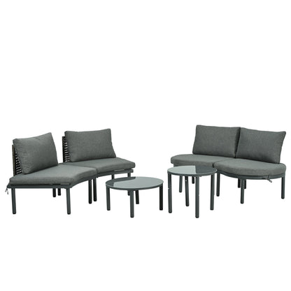 TOPMAX 6 - Piece Patio Sofa Furniture Set, Half Moon Outdoor Sectional Sofa with 2 High - Low Coffee Tables, PE Wicker Rattan, Tempered Glass, 4 Pillows & Cushions, for Backyard, Garden, Poolside,Gray - 1st Choice Furniture Direct