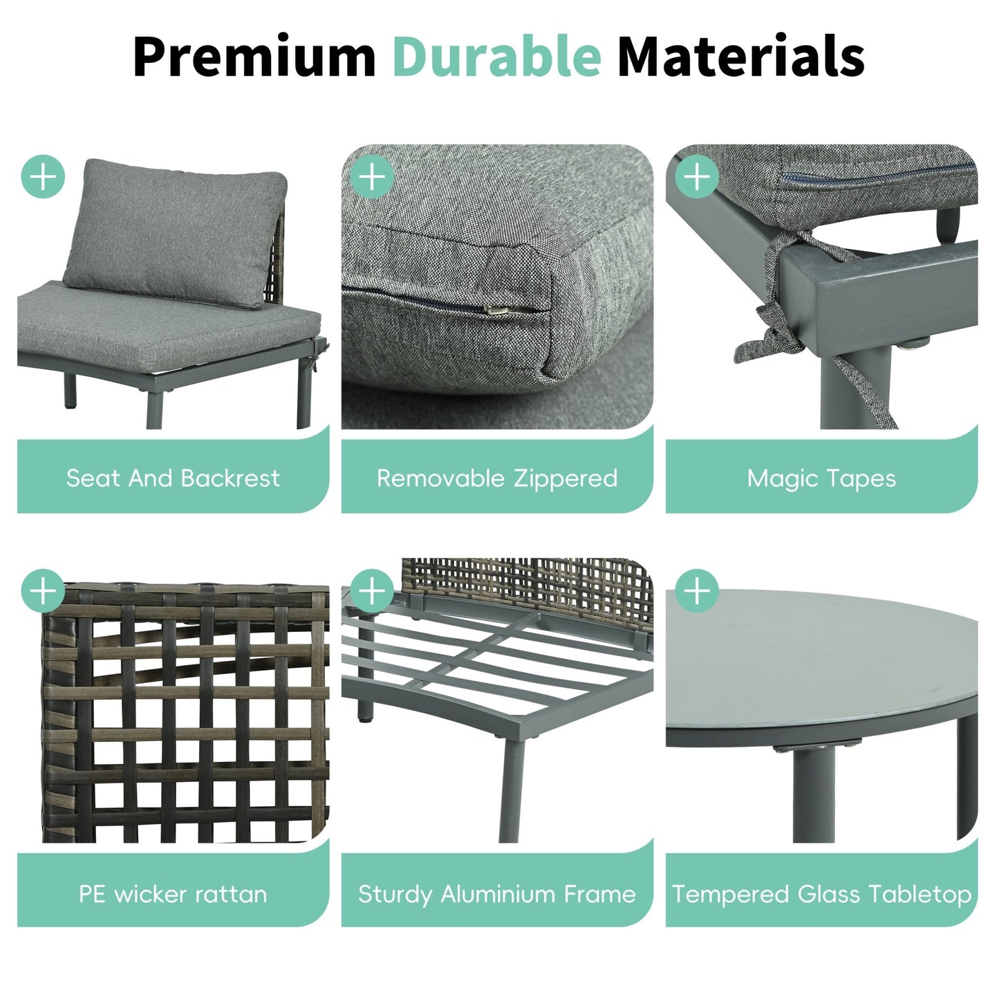 TOPMAX 6 - Piece Patio Sofa Furniture Set, Half Moon Outdoor Sectional Sofa with 2 High - Low Coffee Tables, PE Wicker Rattan, Tempered Glass, 4 Pillows & Cushions, for Backyard, Garden, Poolside,Gray - 1st Choice Furniture Direct