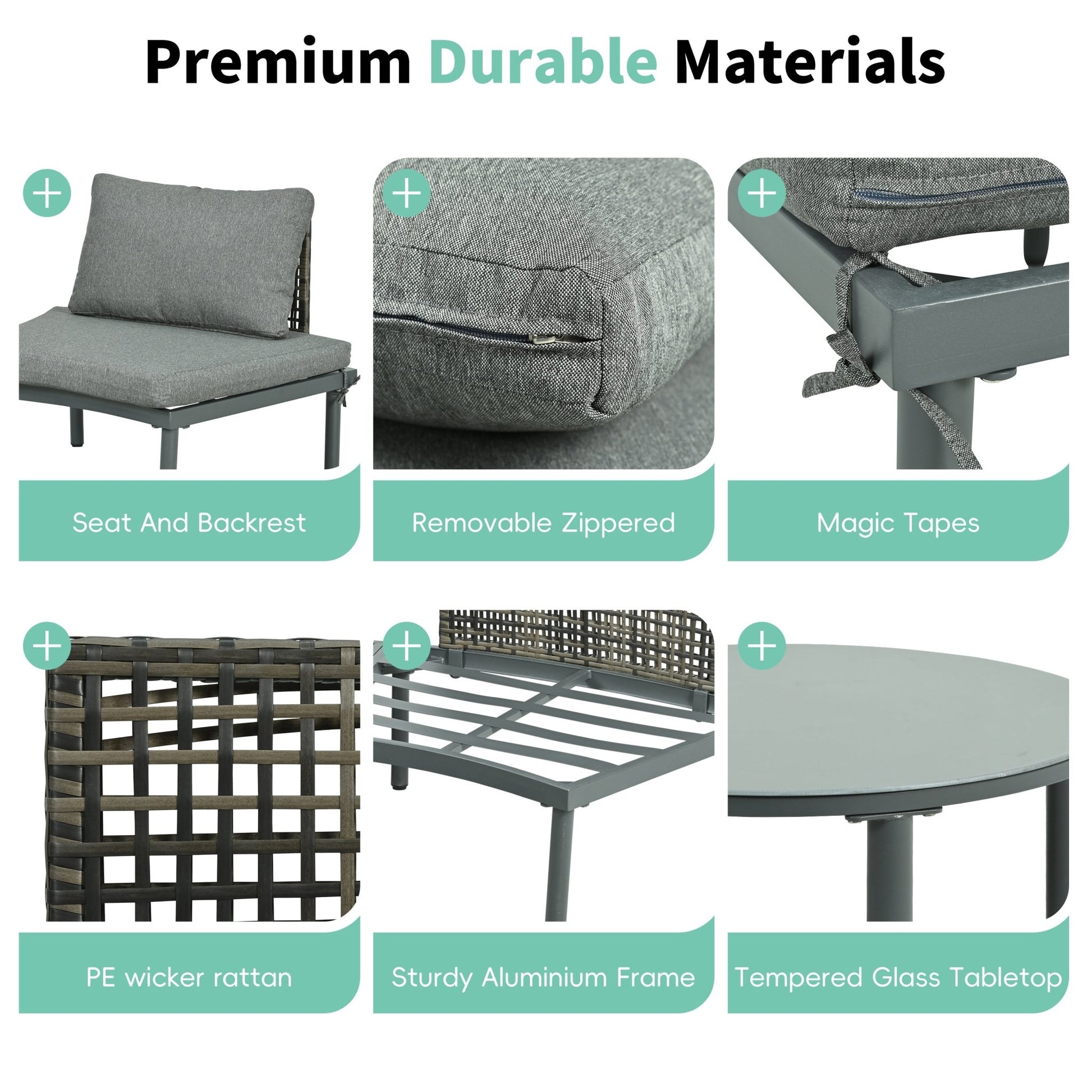 TOPMAX 6 - Piece Patio Sofa Furniture Set, Half Moon Outdoor Sectional Sofa with 2 High - Low Coffee Tables, PE Wicker Rattan, Tempered Glass, 4 Pillows & Cushions, for Backyard, Garden, Poolside,Gray - 1st Choice Furniture Direct
