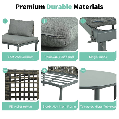 TOPMAX 6 - Piece Patio Sofa Furniture Set, Half Moon Outdoor Sectional Sofa with 2 High - Low Coffee Tables, PE Wicker Rattan, Tempered Glass, 4 Pillows & Cushions, for Backyard, Garden, Poolside,Gray - 1st Choice Furniture Direct