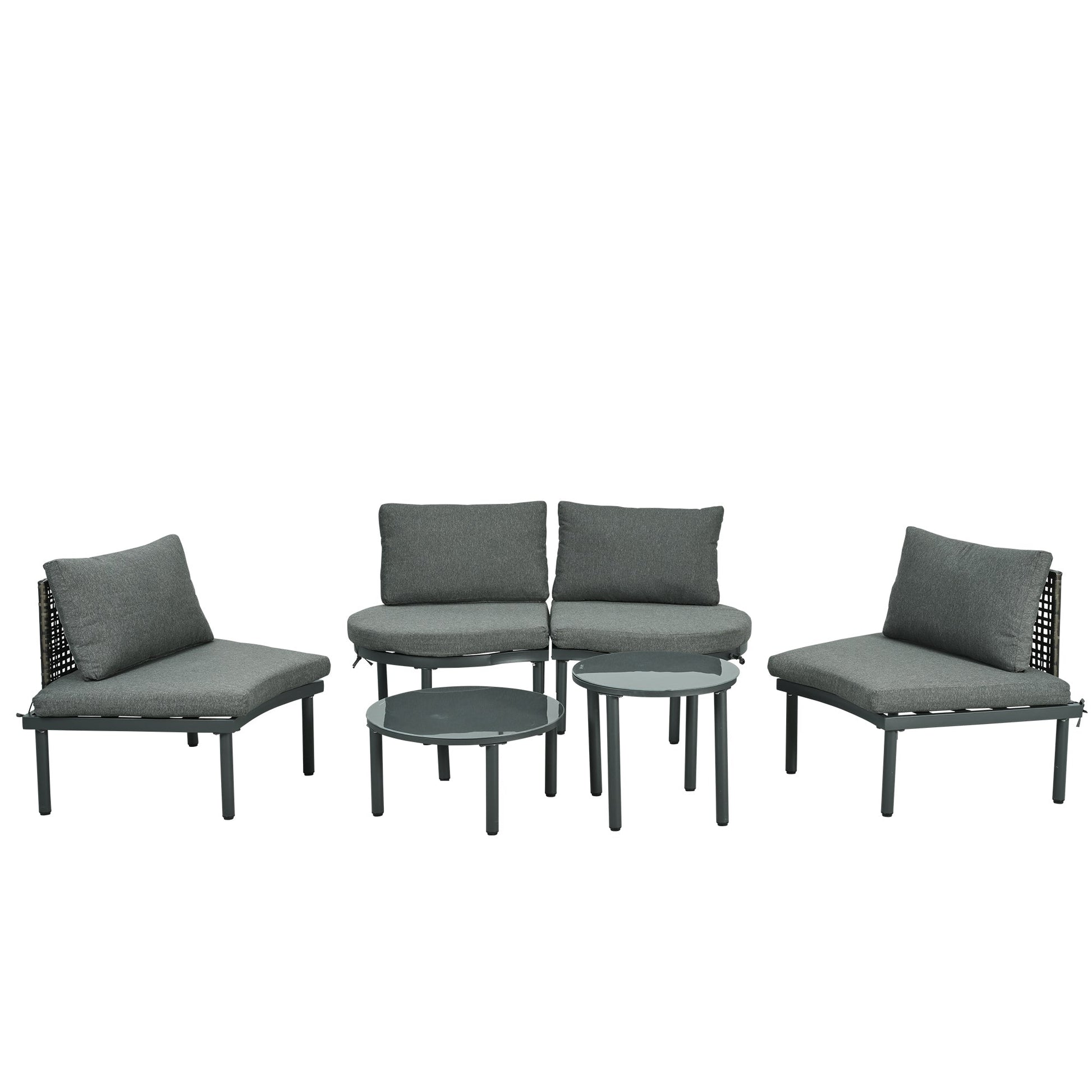 TOPMAX 6 - Piece Patio Sofa Furniture Set, Half Moon Outdoor Sectional Sofa with 2 High - Low Coffee Tables, PE Wicker Rattan, Tempered Glass, 4 Pillows & Cushions, for Backyard, Garden, Poolside,Gray - 1st Choice Furniture Direct