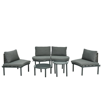 TOPMAX 6 - Piece Patio Sofa Furniture Set, Half Moon Outdoor Sectional Sofa with 2 High - Low Coffee Tables, PE Wicker Rattan, Tempered Glass, 4 Pillows & Cushions, for Backyard, Garden, Poolside,Gray - 1st Choice Furniture Direct