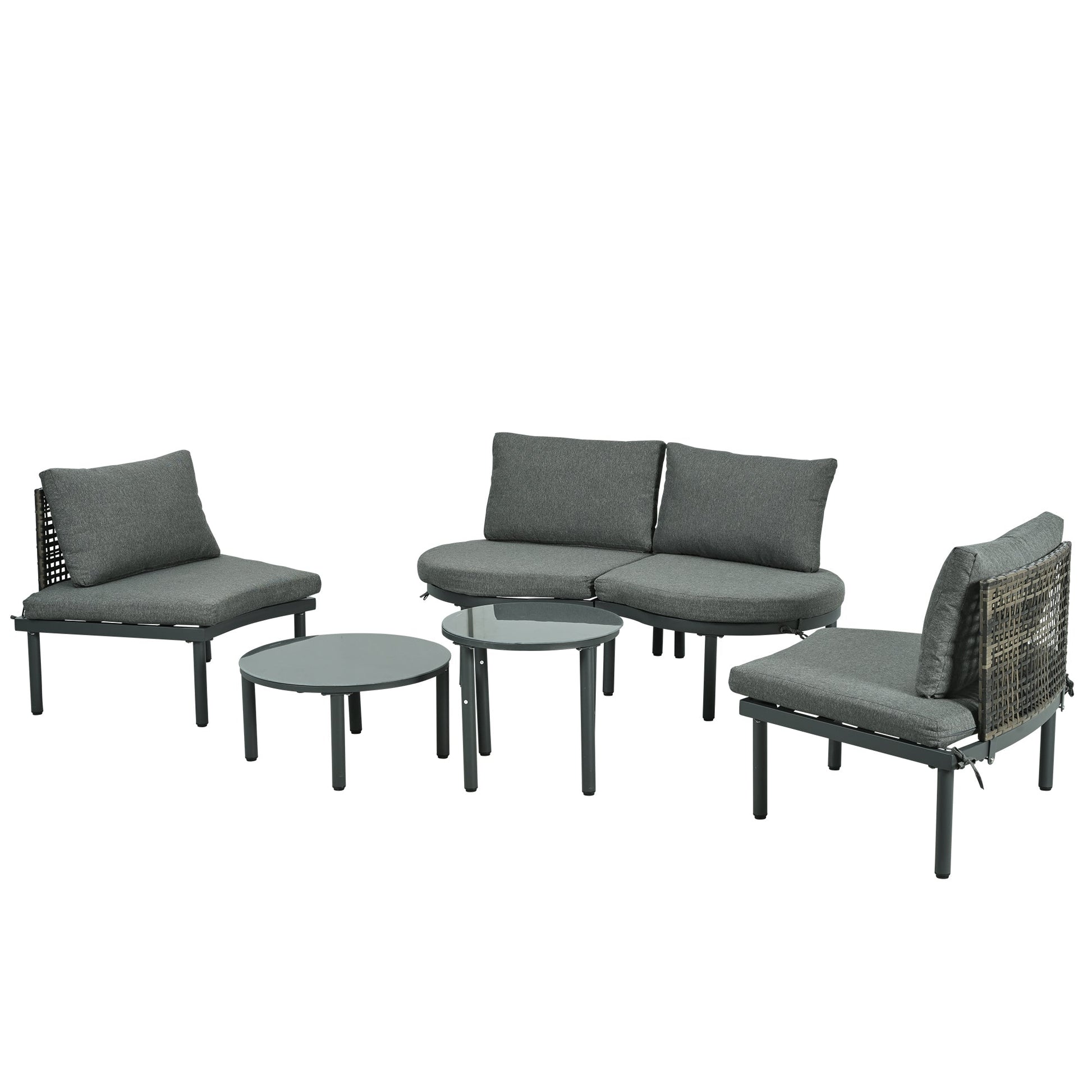 TOPMAX 6 - Piece Patio Sofa Furniture Set, Half Moon Outdoor Sectional Sofa with 2 High - Low Coffee Tables, PE Wicker Rattan, Tempered Glass, 4 Pillows & Cushions, for Backyard, Garden, Poolside,Gray - 1st Choice Furniture Direct