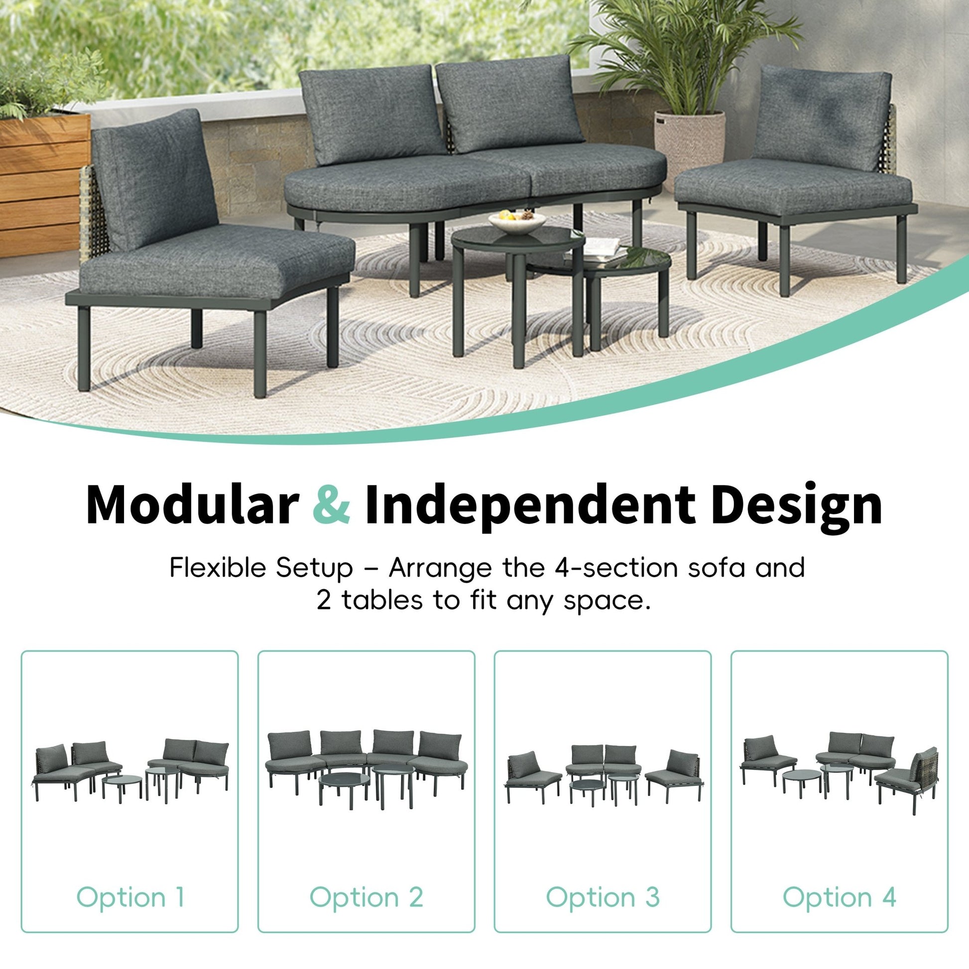 TOPMAX 6 - Piece Patio Sofa Furniture Set, Half Moon Outdoor Sectional Sofa with 2 High - Low Coffee Tables, PE Wicker Rattan, Tempered Glass, 4 Pillows & Cushions, for Backyard, Garden, Poolside,Gray - 1st Choice Furniture Direct